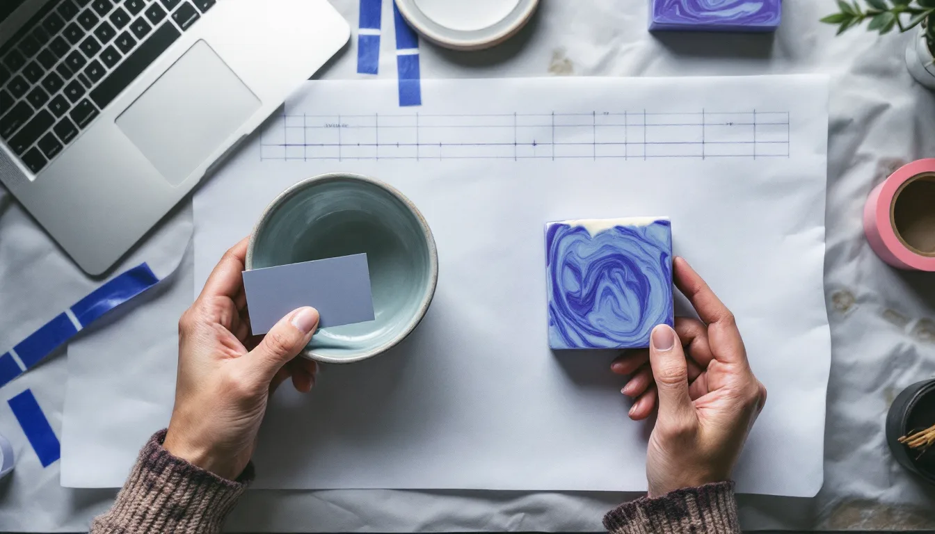 Overhead view of a hand holding a color reference card next to a celadon cup and a swirled violet soap bar on white paper, with a laptop proof gallery blurred at the edge.