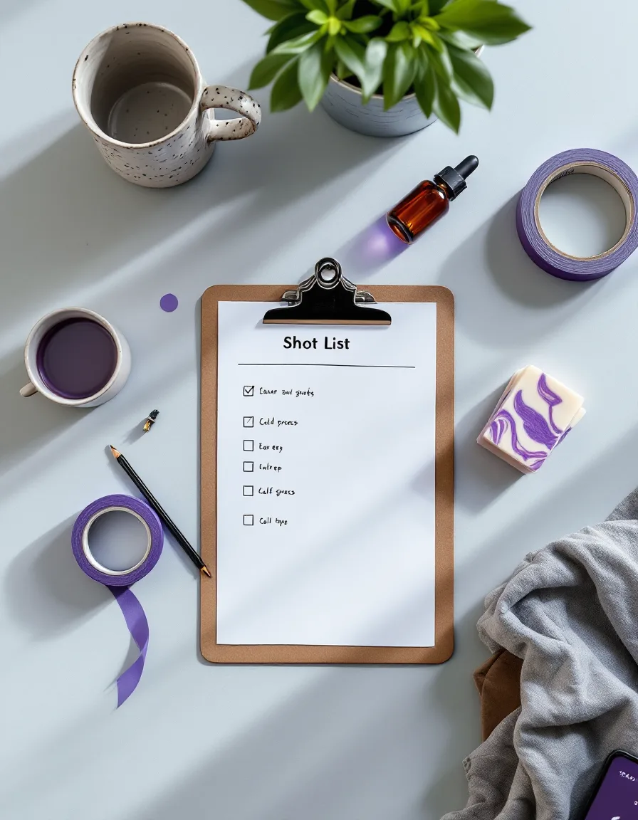 Overhead view of a studio worktable with a handwritten shot list, a speckled stoneware mug, an amber serum dropper, violet-swirled soap bars and a phone call timer under one hard key light.