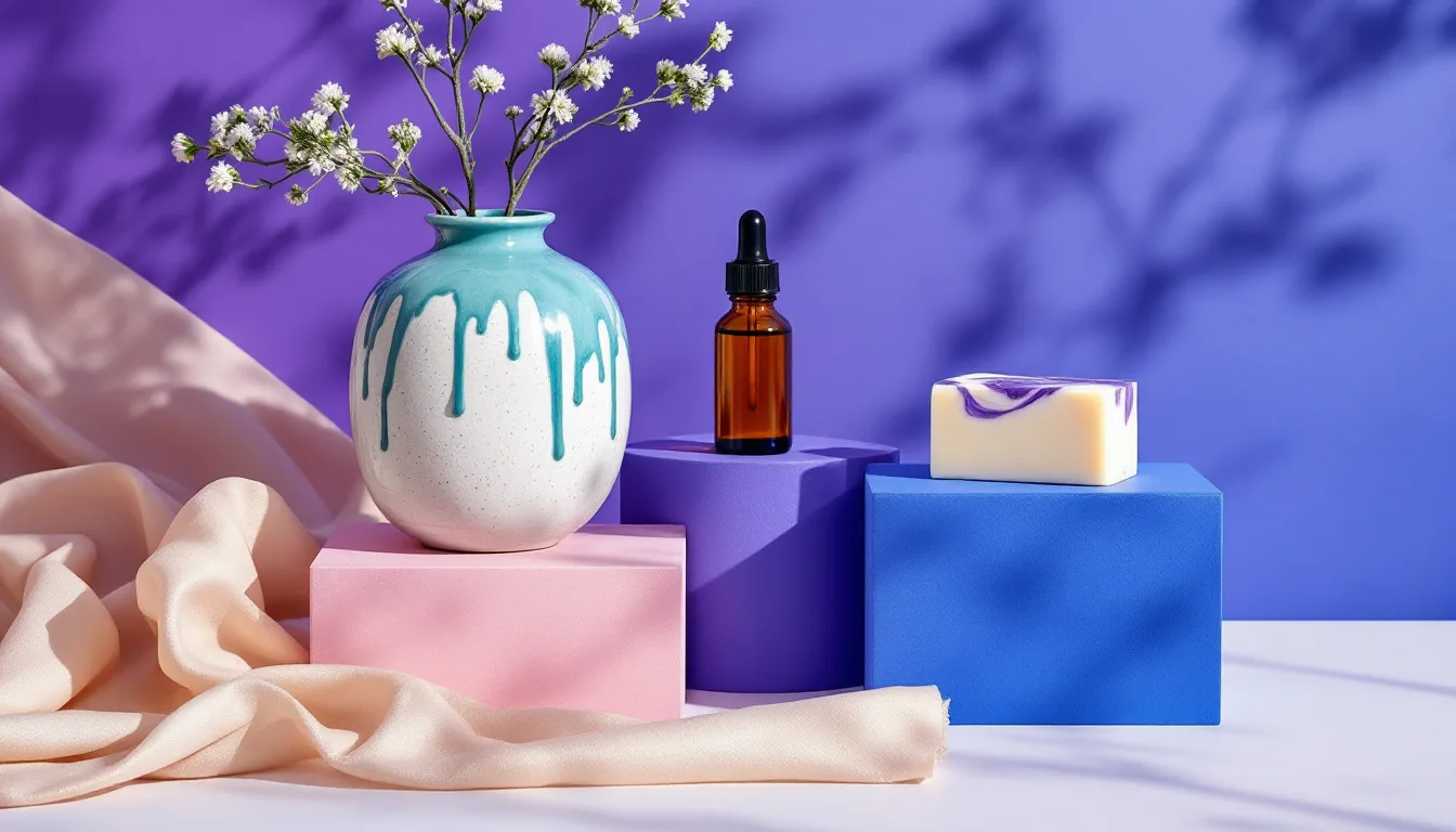 Color-blocked studio set: a speckled stoneware vase, an amber serum dropper and violet-swirled soap bars on violet and magenta plinths under a single hard key light.