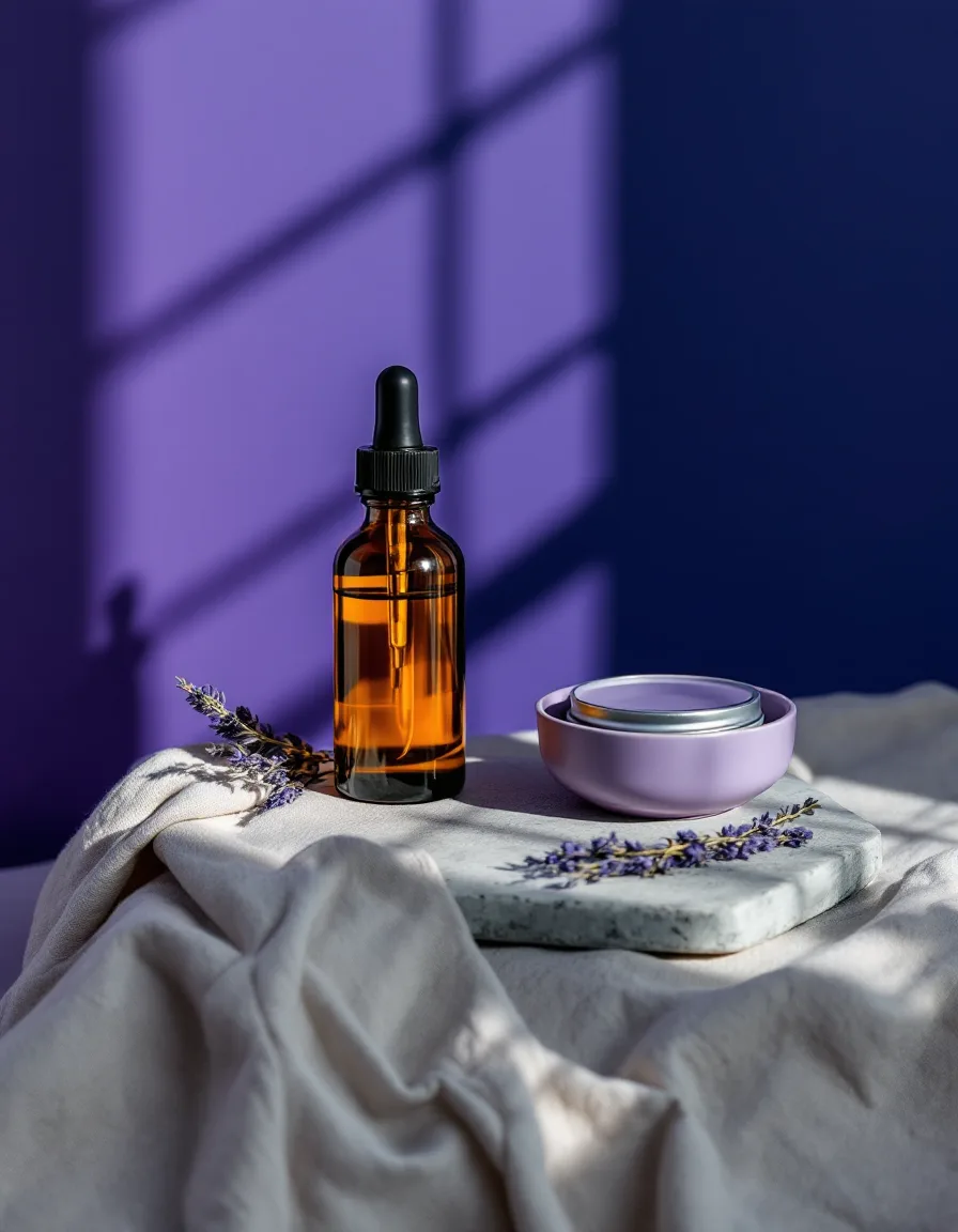 An amber serum dropper and a lilac ceramic dish styled on linen and stone against a violet backdrop under a hard key light.