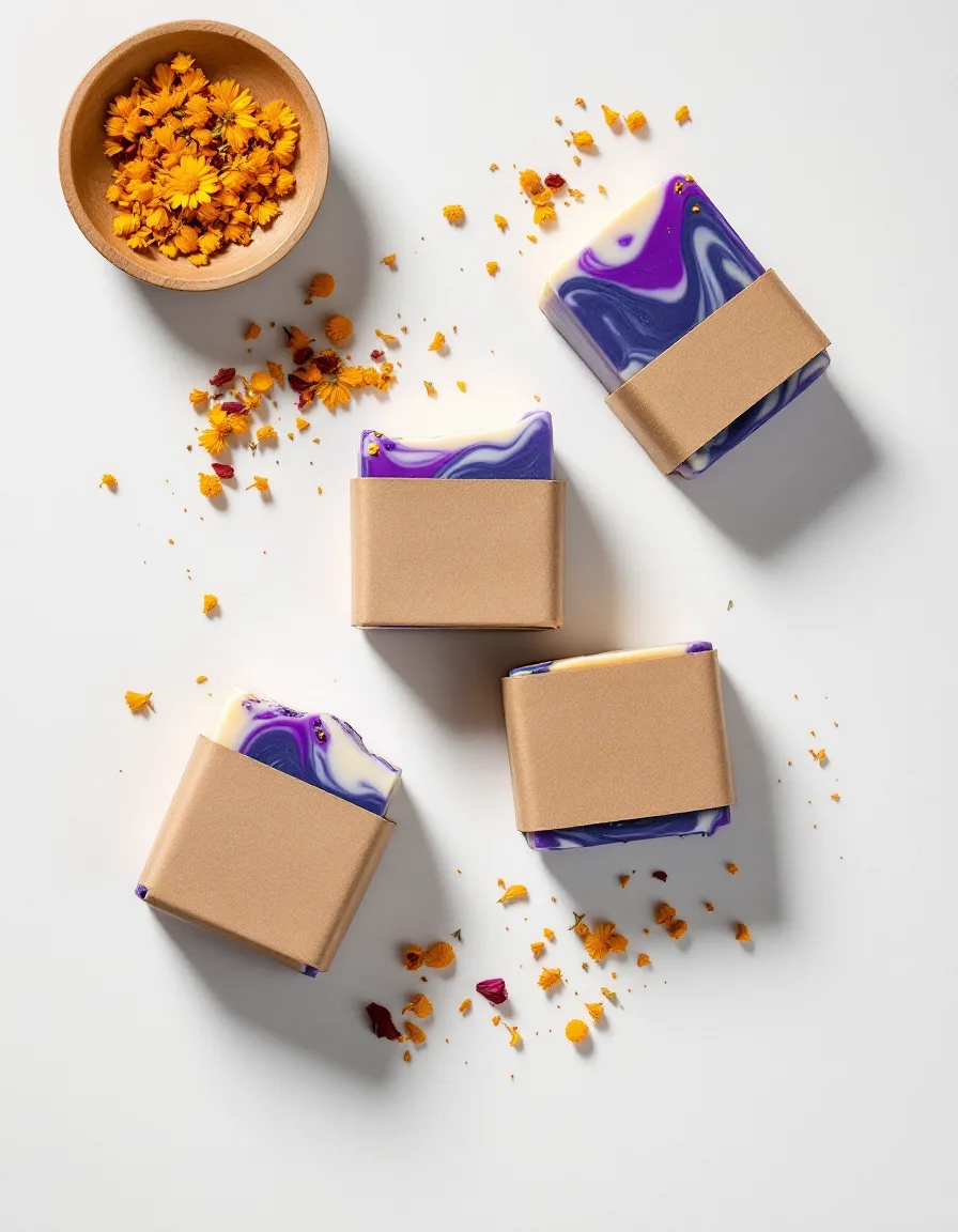 Top-down flat-lay of violet and magenta swirled soap bars, kraft wrappers and dried petals arranged on a grid.